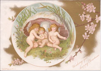 Een Victoriaanse kerst van een groep feeën die schuilen voor de regen onder een paddenstoel, c.1895