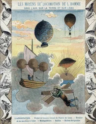 Aerostation - Vliegende bootproject van Pierre de Lana - Vliegend toestel van Besnier (1678) - Ballon - Ballon - Luchtschipballon - illustratie door E Letellier - Bescherm historisch notitieboek, eind 19e eeuw