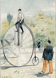 Grand bi met voorwieldiameter groter dan 1,50 m - Van een beschermhoes voor schoolboeken, eind 19e eeuw - illustratie door E. Letellier