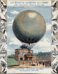 Operatie van inflatie en uitrusting van de gevangen ballon van Henry Giffard in de Tuilerieën in Parijs 1878 - Van een beschermhoes voor schoolboeken, eind 19e eeuw - illustratie door E Letellier - wereldtentoonstelling van 1878 in Parijs: inflatie van