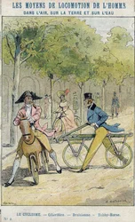 Velocipedes - Engelse celerifere - Draisienne, voorloper van de fiets - Van een beschermhoes voor schoolboeken, late 19e eeuw - illustratie door E Letellier - Celerifere - Draisienne - Hobby-Horse (Nobby Horse) - Bescherm historische notitieboek, eind 19e 