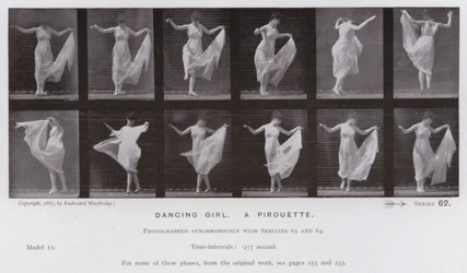 Het menselijk lichaam in beweging: Dansend meisje, een pirouette (zwart-wit foto)