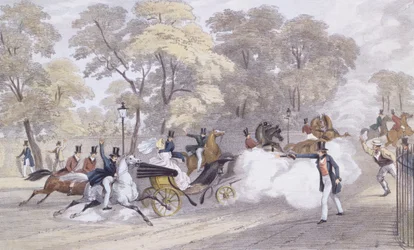 Edward Oxfords poging om koningin Victoria en prins Albert te vermoorden op Constitution Hill, op de avond van woensdag 10 juni, gegraveerd door J. R. Jobbins