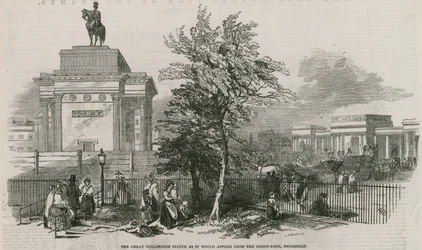 Het grote Wellington-standbeeld en de boog zoals het zou verschijnen vanaf Green Park, Piccadilly