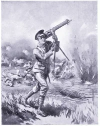 Private Lynn die een machinegeweer wegdraagt voor reparatie onder zwaar vuur bij de Slag om Aisne. Toegekend DCM 1915