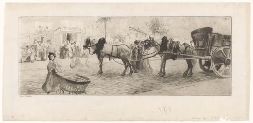 Gezicht op een boulevard met voor een kar gespannen paarden en een vrouw met een kinderwagen