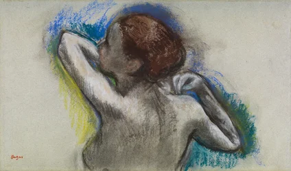 Danseres die haar schouderband aanpast, ca. 1895-1900