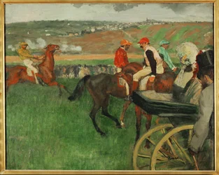 De renbaan. Amateurjockeys bij een koets (olieverf op doek)