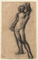 Naakte man staand, met linkerhand opgeheven, ca. 1900