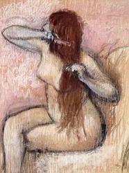 Zittende naakte vrouw die haar haar schikt; Femme nu assise, se coiffant, c.1887-1890