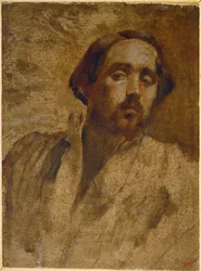 Portret van de kunstenaar in atelierkiel (olieverf op grijs karton)