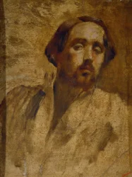 Portret van de kunstenaar in atelierblouse
