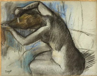 Zittende naakte vrouw die haar haar borstelt, ca. 1885 (houtskool en pastel op blauw papier)