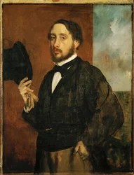 Zelfportret, Degas tilt zijn hoed op (olieverf op doek)