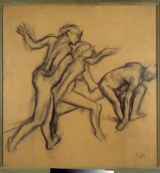 Drie naakte dansers. Tekening met krijt en houtskool door Edgar Degas (1834-1917) circa 1900