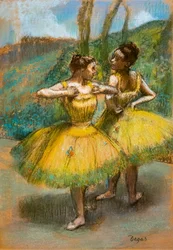 Twee dansers in geel. Rond 1896. Pastel en houtskool op twee stroken papier.