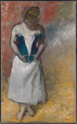 Vrouw staand van voren, haar korset vastmakend, 1883
