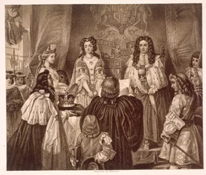 De kroon aangeboden aan Willem en Maria door de Heren en Gemeenten in Whitehall, 12 februari
