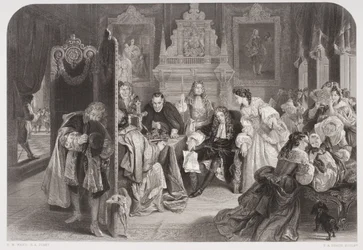 James II (1633-1701) ontvangt nieuws over de landing van de Prins van Oranje, gegraveerd door F.A. Heath