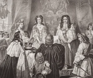 De kroon aangeboden aan Willem en Mary door de Heren en Gemeenten in Whitehall, 12 februari 1689, uit `Illustrations of English and Scottish History