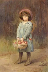 Een voor zichzelf - Jongen met een mand appels (kleurenlitho)