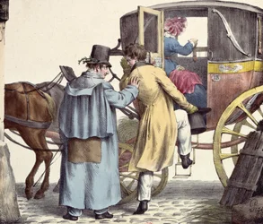 Waar gaan we heen?... Altijd rechtdoor, karikatuur uit de serie Moeurs Parisiennes, gegraveerd door Langlume, ca. 1825