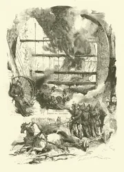 Brand in de dokken van Londen (gravure)