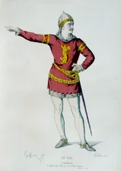 Kostuum voor Don Rodrigue of Le Cid in scène 2 van akte II van “Le Cid” van Pierre Corneille (1606-1684). Illustratie door Edmond Geffroy (1804-1895), 19e eeuw, Parijs, Comédie-Française