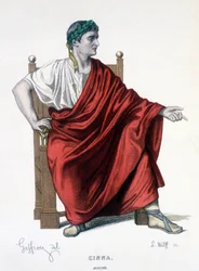 Het personage Augustus in de tragedie Cinna (of de genade van Augustus) - Volledig theater: (Compendium van toneelstukken van Corneille) tekening door Geffroy, gravure door L. Wolff - ed. Laplace, Sanchez et Cie, Parijs 1884