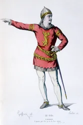 Het personage Don Rodrigue in de tragi-komedie Le Cid - Volledig Theater: (Collectie van toneelstukken door Corneille) tekening door Geffroy, gravure door Colin - ed. Laplace, Sanchez et Cie, Parijs 1884