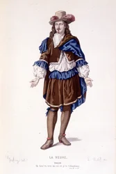 Het personage Philiste in La veuve ou le traitre betrayed - Volledig theater: (Collectie toneelstukken van Corneille) tekening door Geffroy, gravure door L. Wolff - ed. Laplace, Sanchez et Cie, Parijs 1884