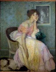 Portret van juffrouw Ella Carmichael, gouvernante van kinderen door de kunstenaar Schilderij door Edmond Francois Aman Jean (Aman-Jean, Amand Jean, Aman-Jean)