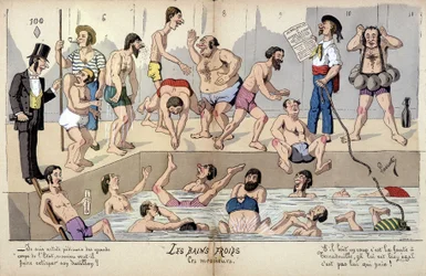 Cartoon over de Franse samenleving door Lavrate: openbare baden