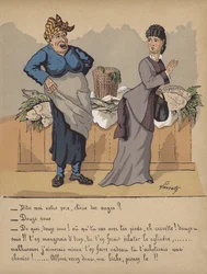 Gesprek bij een viskraam (kleur litho)