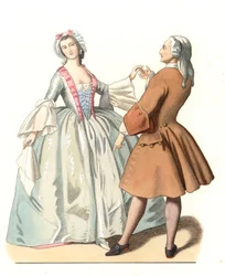 Dansmeester en een jonge Venetiaan, dansles in Italië 18e eeuw, gebaseerd op een schilderij van Pietro Longhi (1701-1785) - Lithografie gebaseerd op een illustratie van Edmond Lechevallier-Chevignard (1825-1902), afkomstig uit "Historische Kostuums van de 