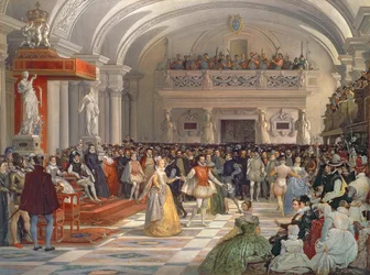 Het huwelijk van Henri de Bourbon, koning van Navarra, met Marguerite de Valois in aanwezigheid van Catherine de Medici en Charles IX in 1572, 1862