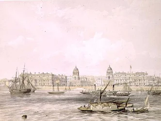 Greenwich Hospital, gegraveerd door Thomas Picken (fl.1838-1870), uitgegeven in 1852 door Lloyd Bros. & Co. (lithografie)