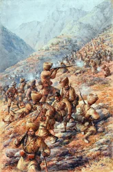 35e (Sikh) Regiment van de Bengalese Infanterie, Malakand Field Force, die een aanval van stammen afslaat