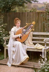 "Con Amore" Jonge vrouw die lier speelt. Schilderij door Edward Blair Leighton (1853-1922) 1895