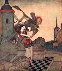 ‘Toen de Prins naar buiten keek, zag hij hem de Prinses grijpen en snel wegvliegen’, illustratie bij het Servische sprookje Het verhaal van Bashtchelik, uit Edmund Dulacs sprookjesboek: Sprookjes van de geallieerde naties, gepubliceerd in 1916