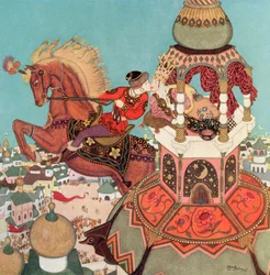"Het kastanjebruine paard leek op het hoogste punt van zijn sprong in de lucht te blijven hangen zolang die kus duurde", illustratie uit het Russische sprookje Ivan en het kastanjebruine paard, uit Edmund Dulacs Sprookjesboek: Sprookjes van de geallieerde