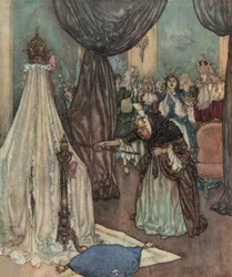 De schone slaapster: een oude fee buigt zich over de wieg van de prinses en vervloekt haar, c.1910