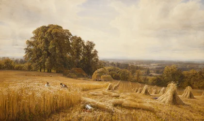 Uitgestrekt landschap met oogsters, 1873
