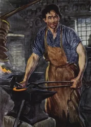 Een wilde, vuile figuur van een man... die een stuk ijzer bewerkt