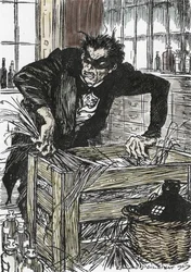 Dr. Jekyll zoekt wanhopig naar de poeders om zijn karakter van Mr. Hyde te bevrijden (Illustratie door Edmund Joseph Sullivan voor de roman 