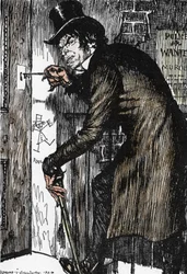 Meneer Hyde keert na een nacht vol avonturen naar huis terug om het tegengif in te nemen en opnieuw het uiterlijk van Dr. Jekyll aan te nemen, illustratie van Edmund Joseph Sullivan (1869-1933) voor de roman „De vreemde geschiedenis van Dr. Jekyll en Mr.