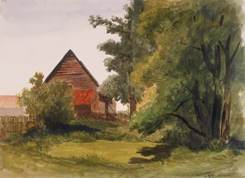Zicht op Hampstead met een schuur links, Hampstead, Camden, Londen, 1842