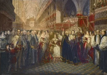 Kroning van Koningin Victoria in Westminster Abbey, Londen op 28 juni 1838 - De kroning van Koningin Victoria, Koningin van Groot-Brittannië en Ierland (1819-1901), in Westminster Abbey