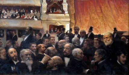 Pauze, een première bij de Franse Comédie Onder de toeschouwers: in het bad, Henri Rochefort en Léon Gambetta, in de avant-scène kleedkamer boven, Jules Ferry, beneden, Ferdinand de Lesseps. Op de vloer, van links naar rechts en van boven