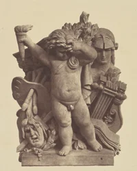 [Les Beaux-arts", Beeldhouwwerk van Nicolas Guillemin, Decoratie van het Louvre, Parijs].